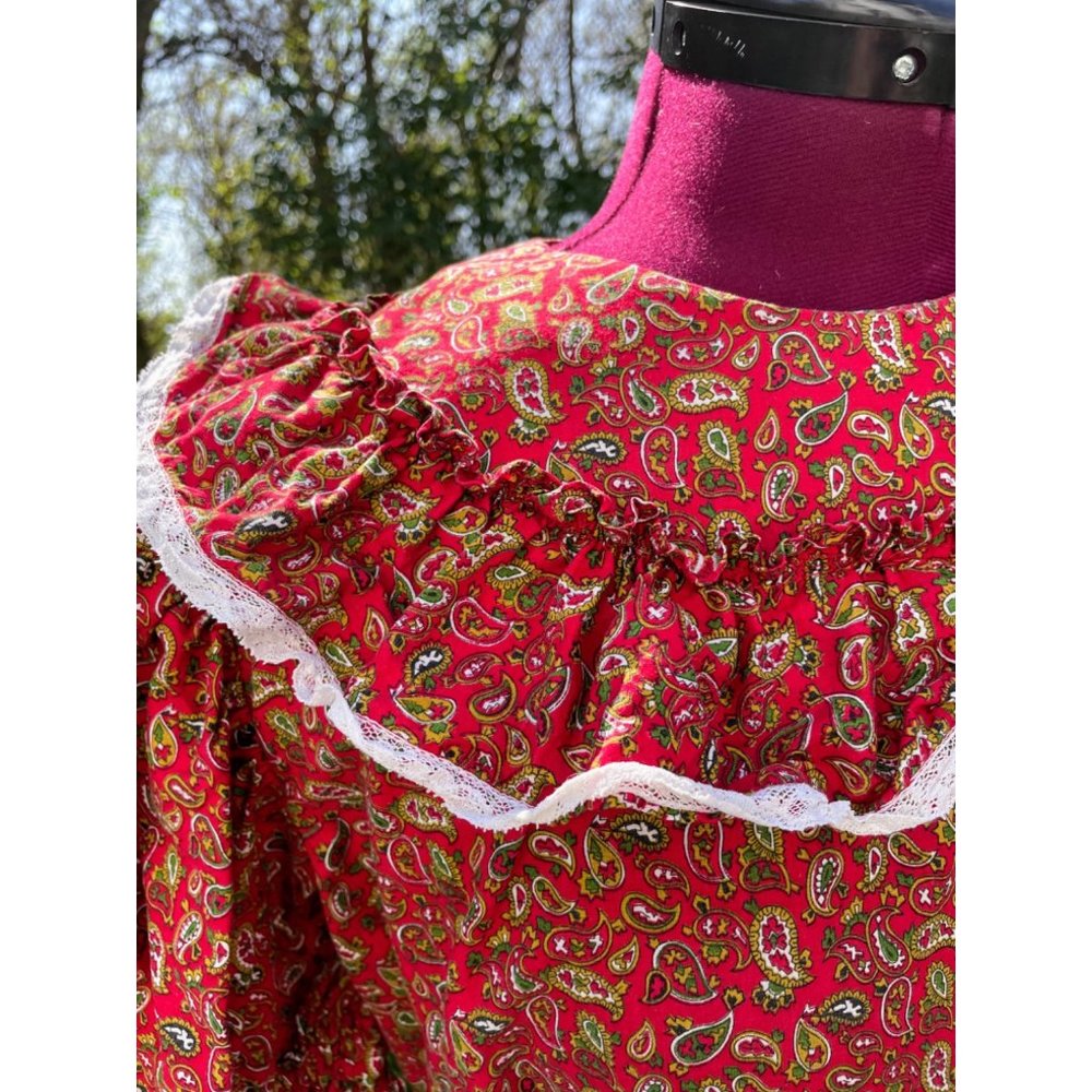 Vintage 1970s Peasant Maxi Dress Burgundy Cotton Paisley Flare - Picture 14 of 16